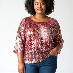 Style & Co Woman‎ Red Abstract Sequin Kimono Sleeve Top 2X